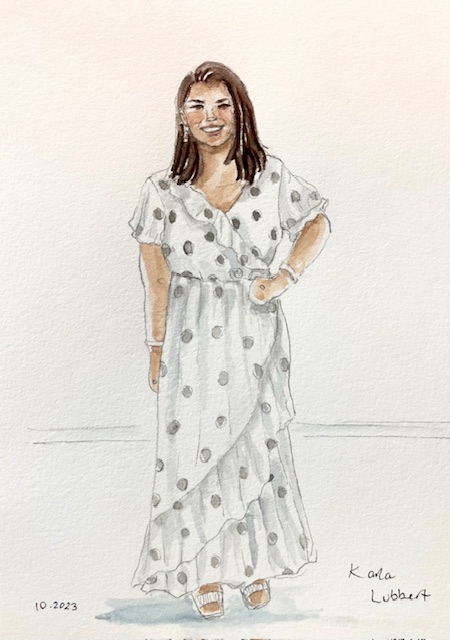 wedding watercolor live painting portrait of girl with polka dot dress