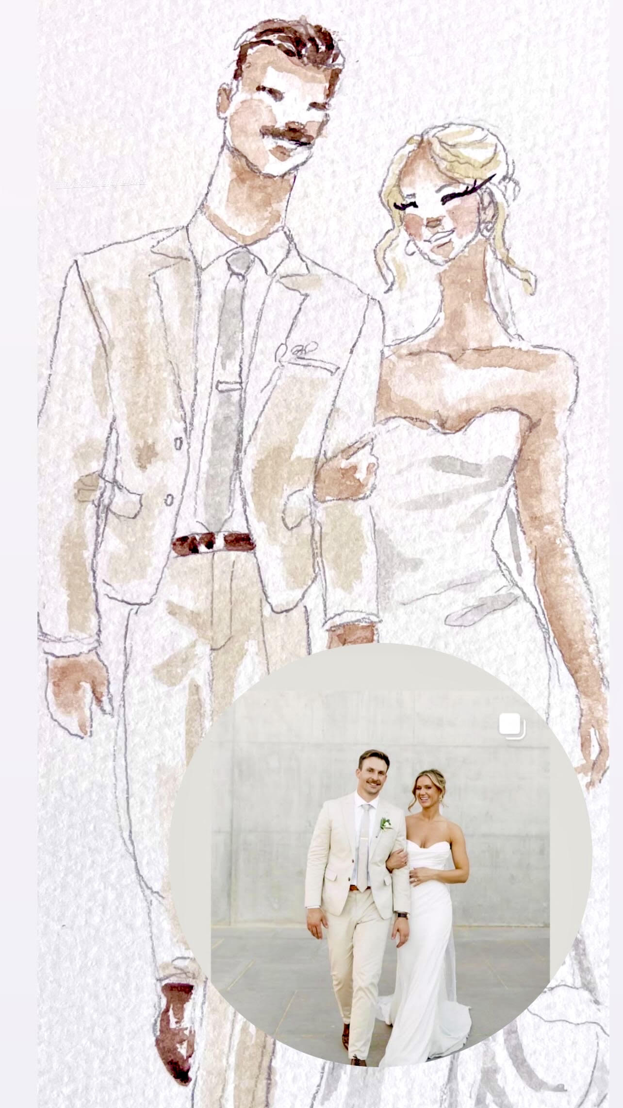 Water color portrait of bride and groom posing arm in arm