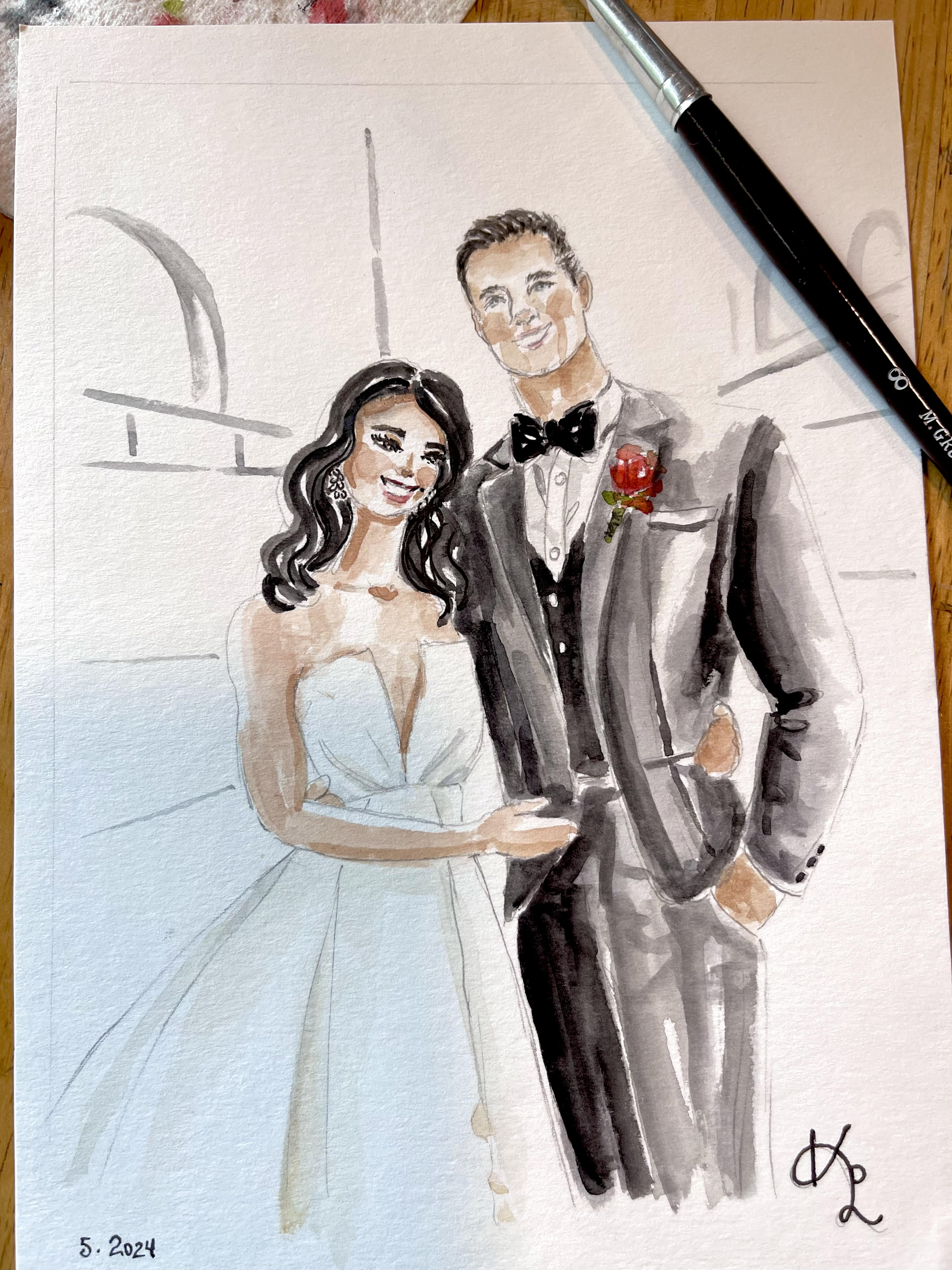 Watercolor portrait of bride and groom wearing white dress and black suit.