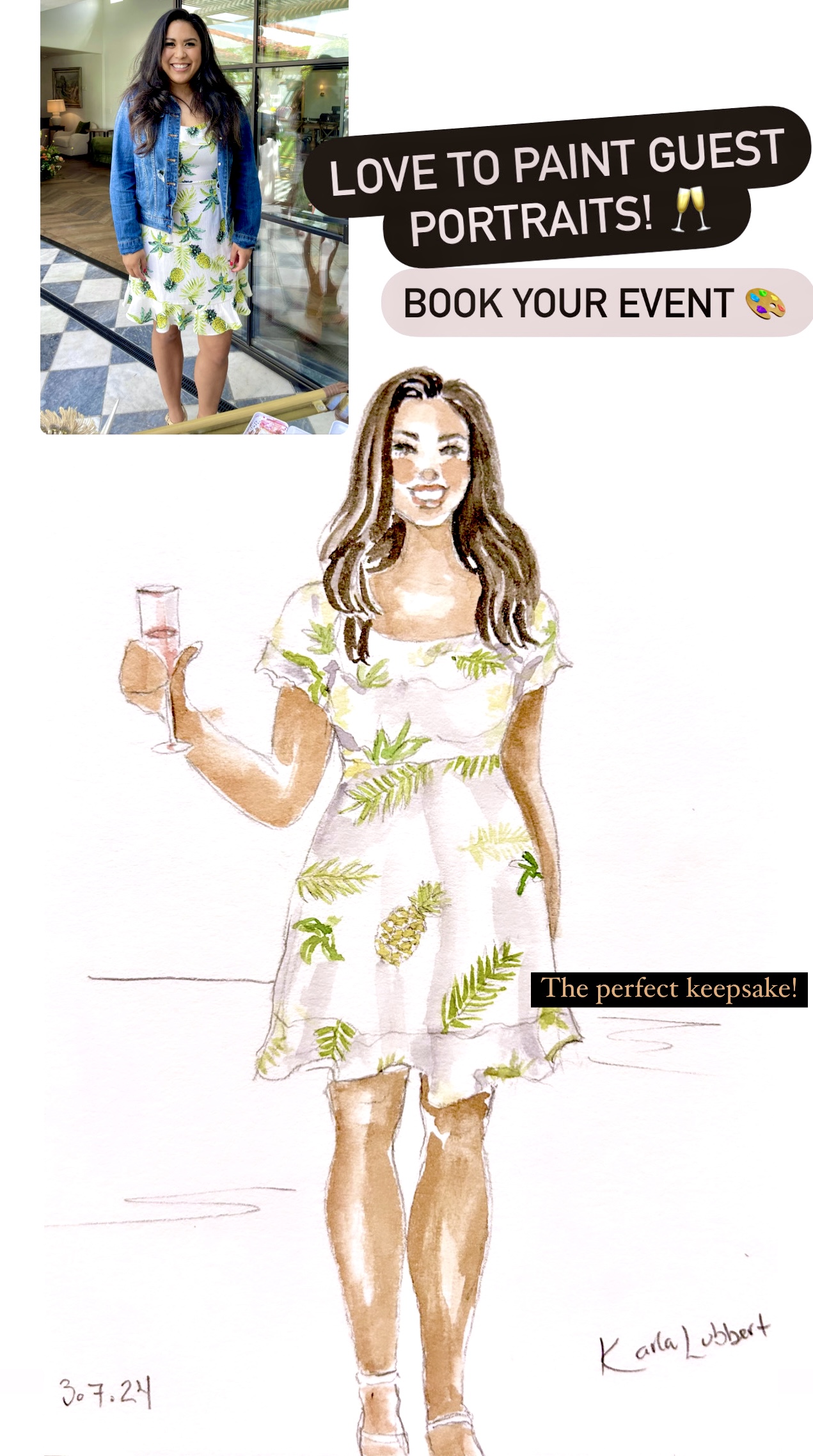 live painting portrait of girl holding a beverage