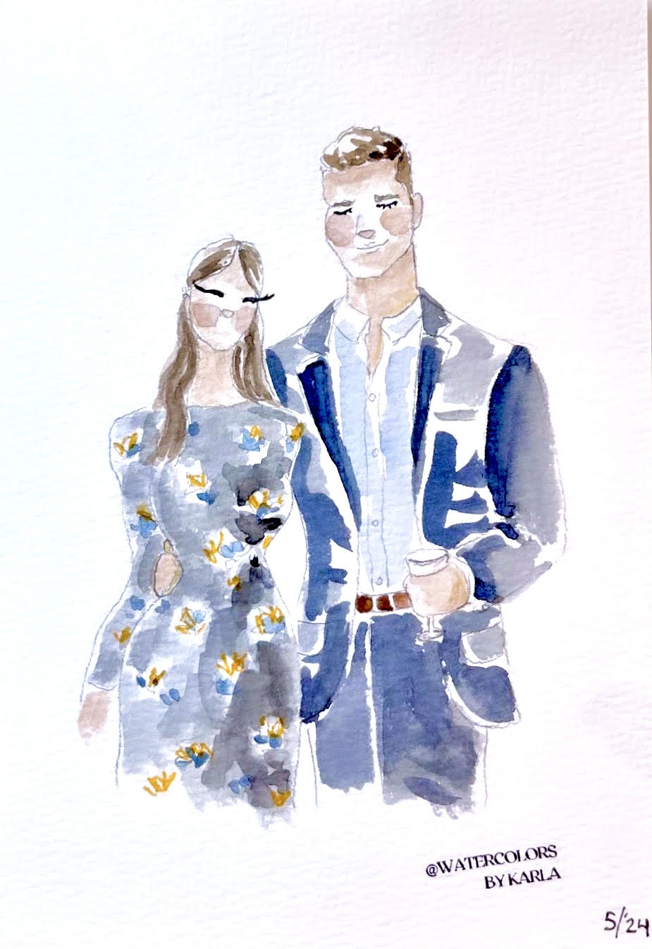 Water color portrait of a man in blue suit and woman in flower dress at a wedding.