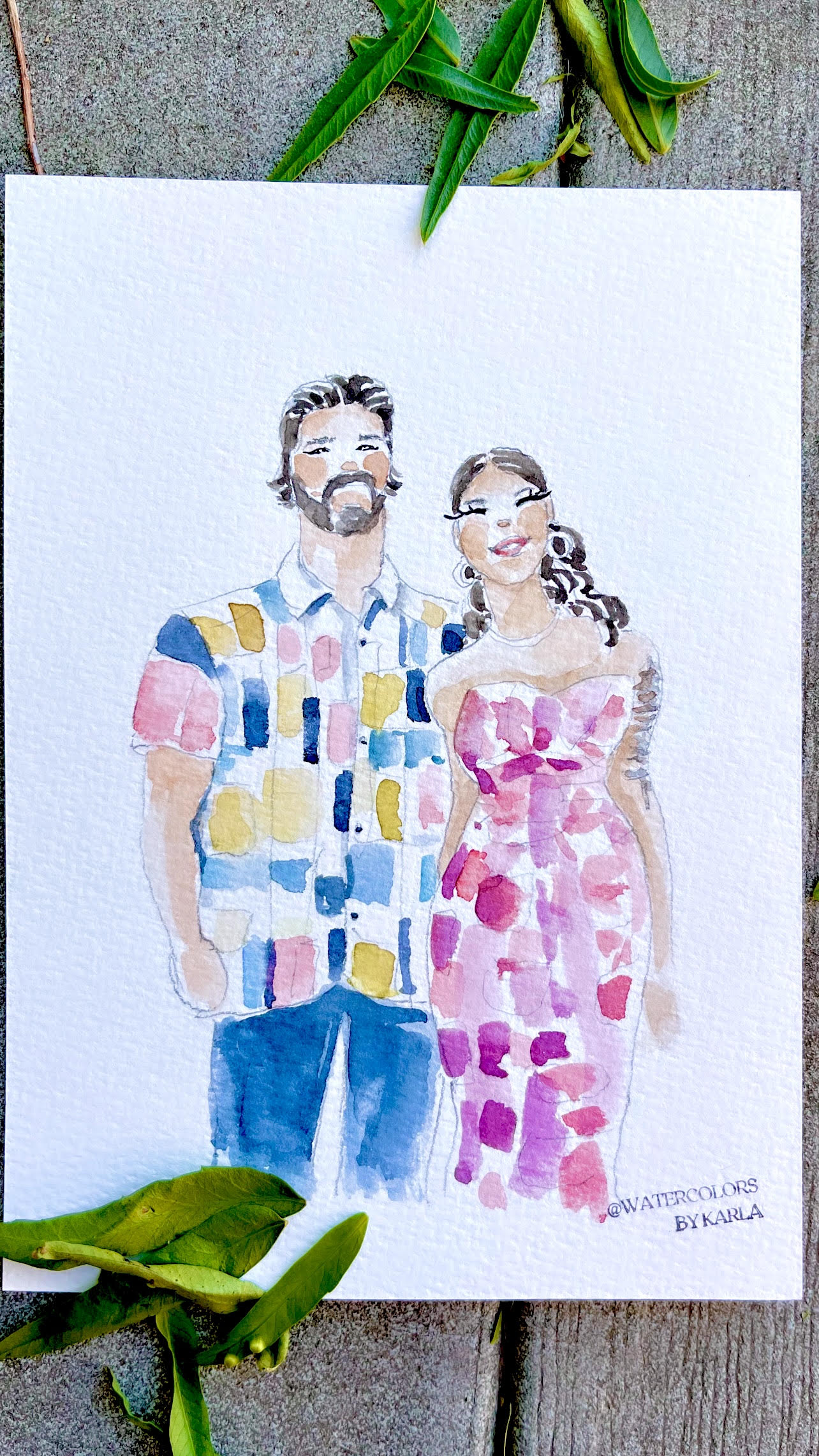 Watercolor portrait of man in checkered shirt with woman in pink dress.