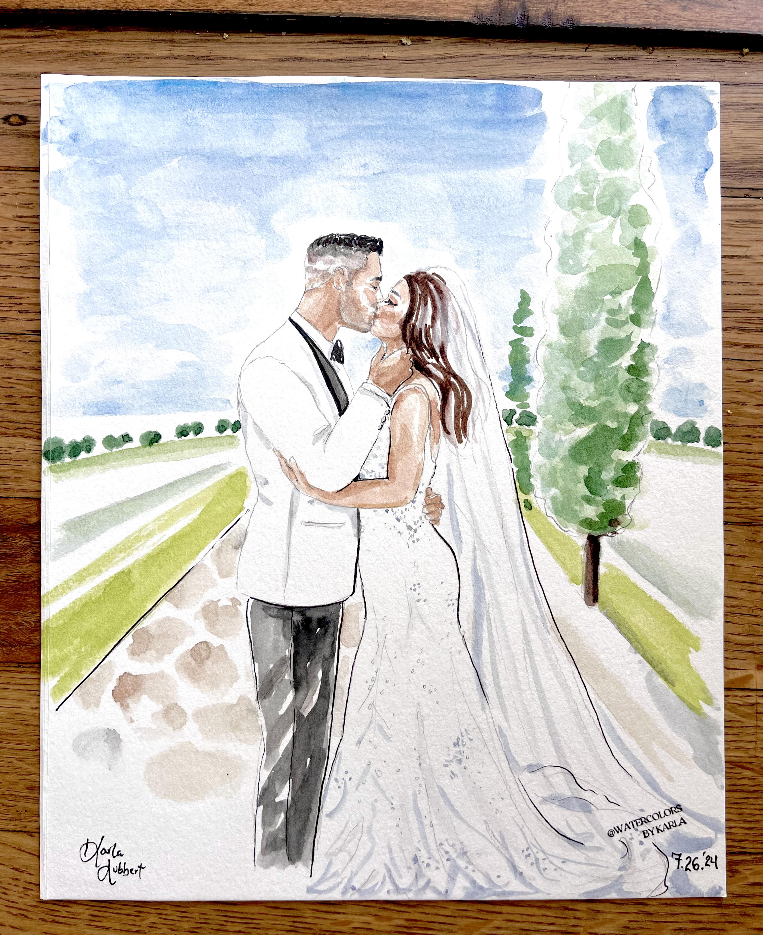 Water color portrait of groom kissing brides forehead at wedding.