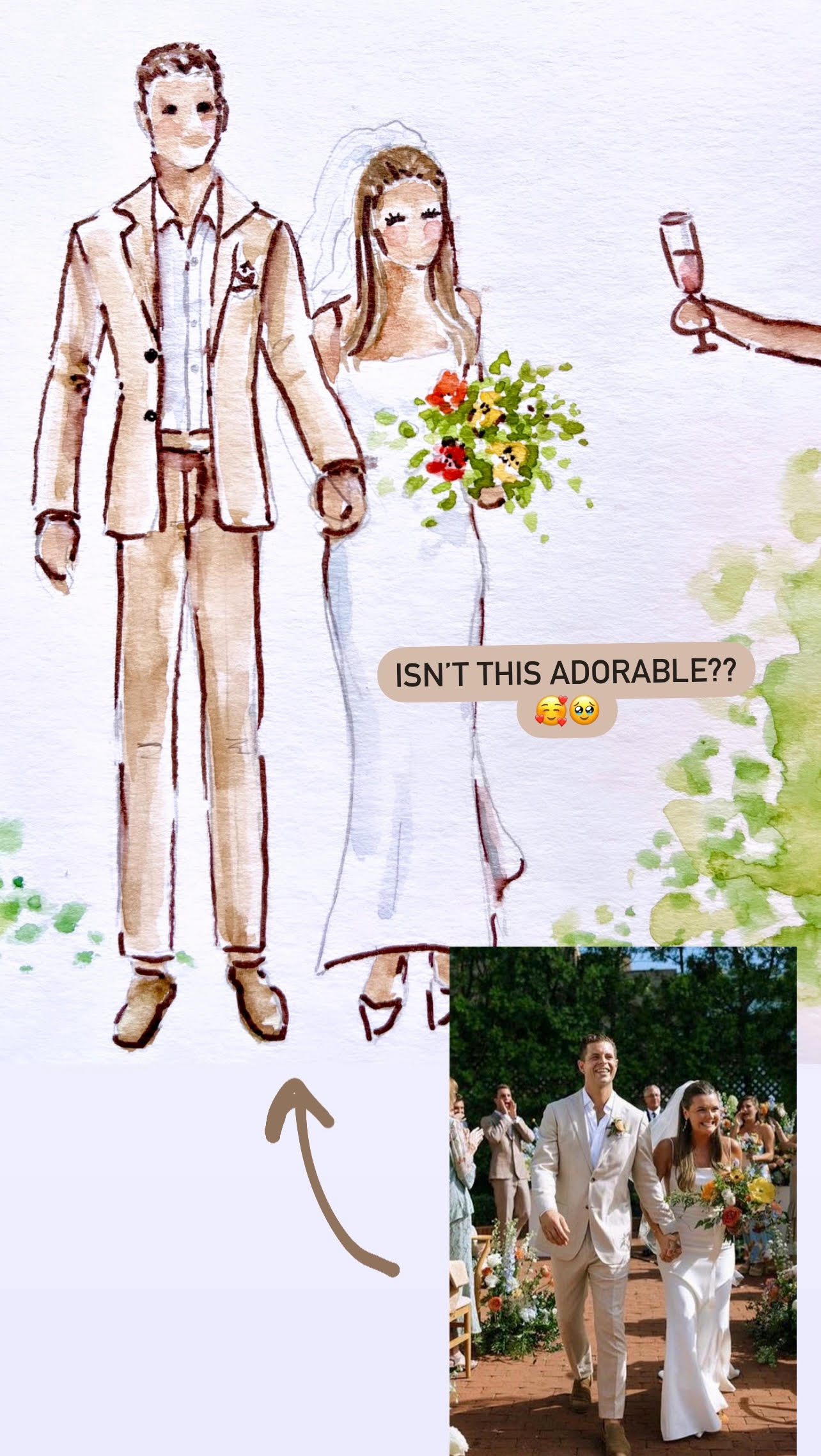 Watercolor portrait of bride and groom holding hands and walking down the aisle.
