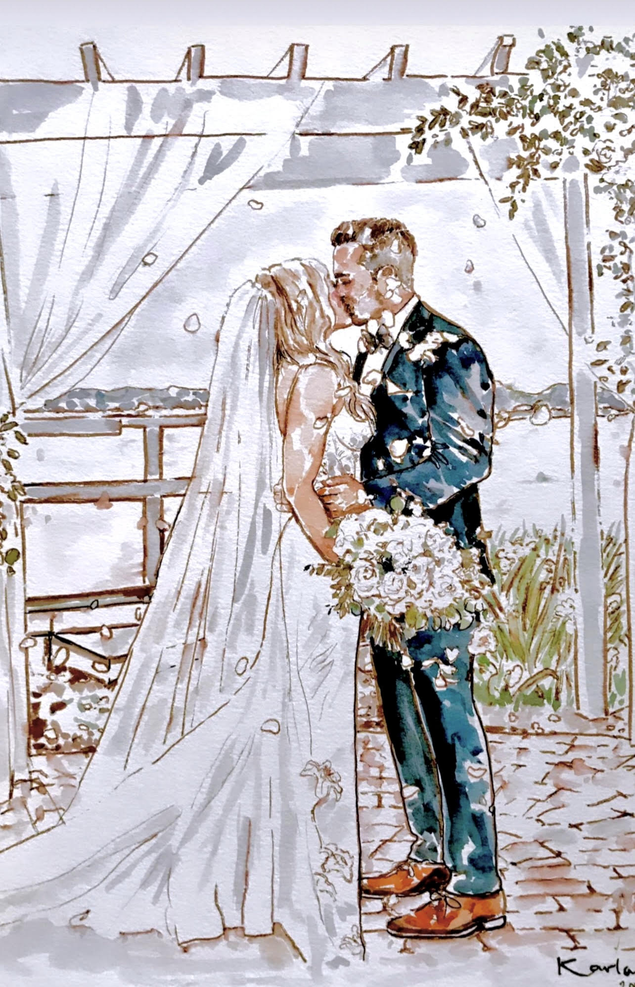 Watercolor portrait of bride and groom kissing while holding a bouqet of flowers.